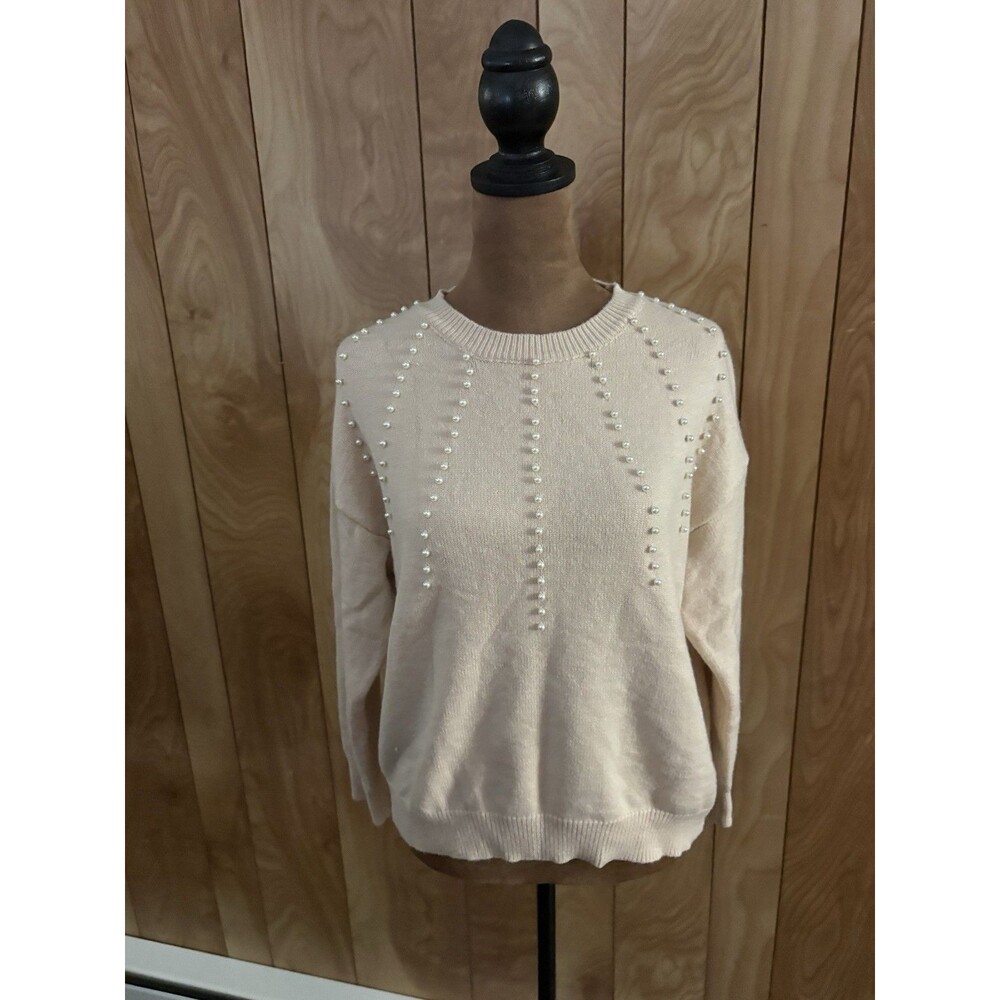 SHEIN Women’s Beige Sweater With Pearl Embellishments Size Small